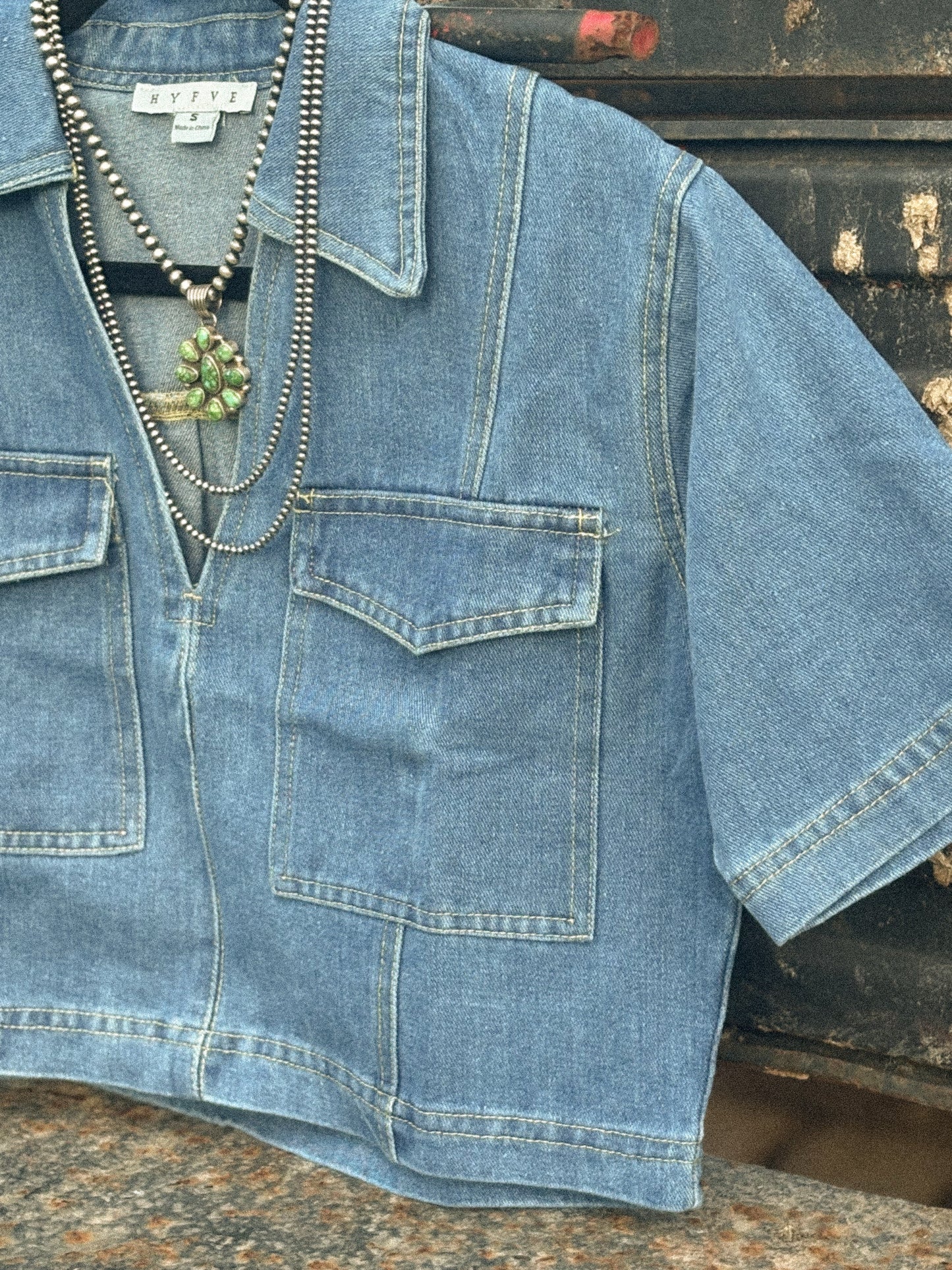 Denim V-Neck Cropped Top