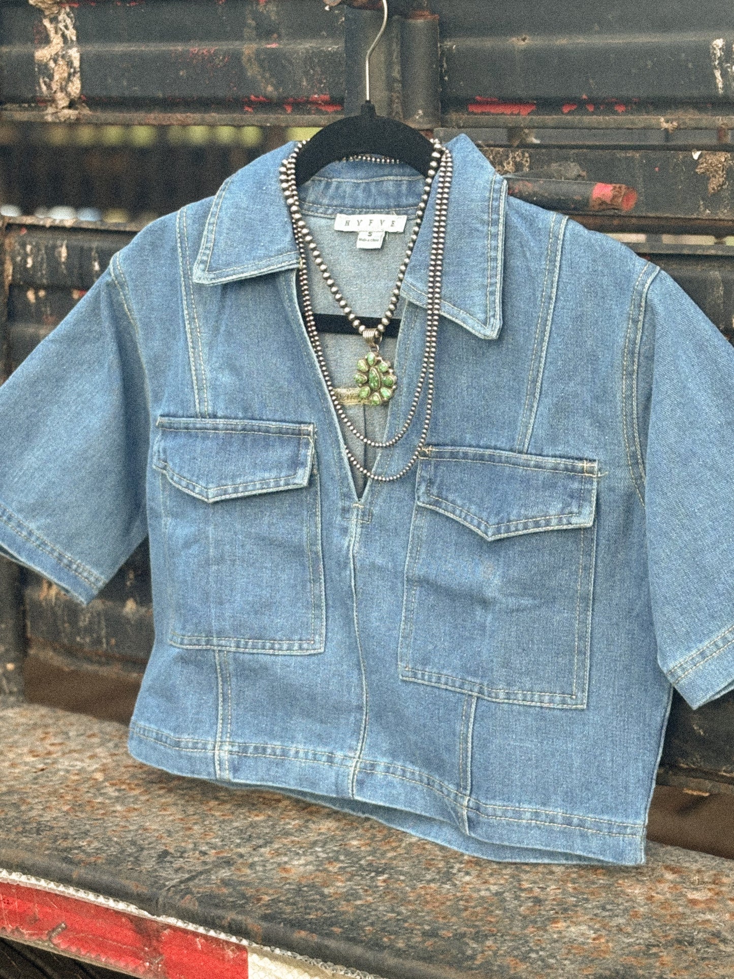 Denim V-Neck Cropped Top