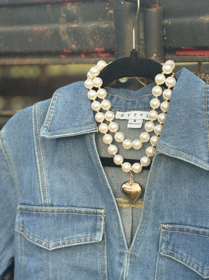 Double layered pearl statement necklace + heart pendant