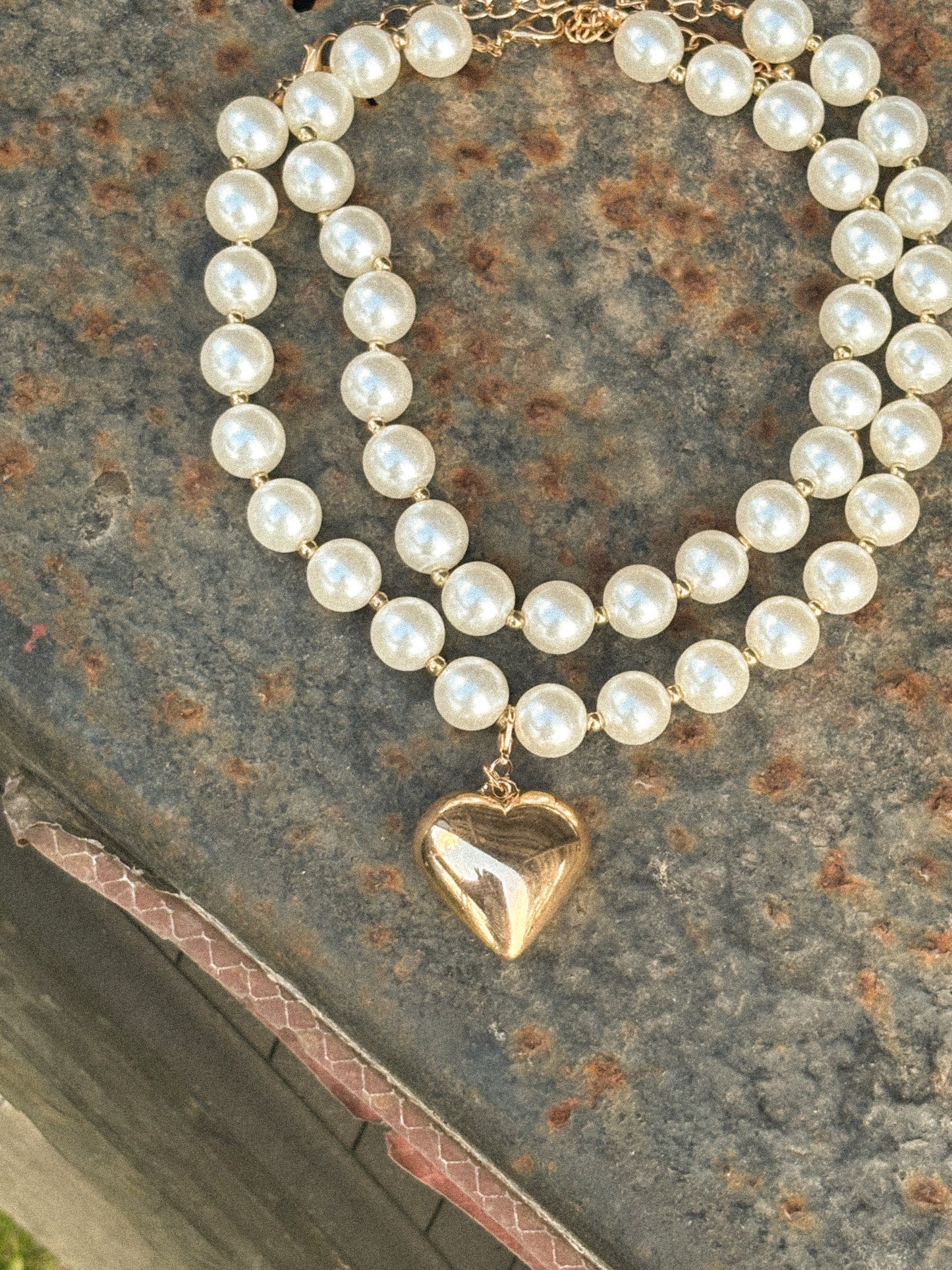 Double layered pearl statement necklace + heart pendant