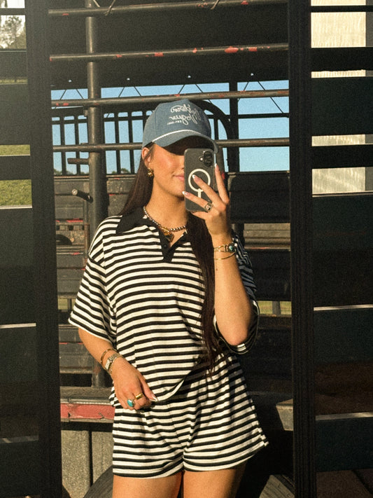Striped Collard Short Sleeve Top + Shorts Set