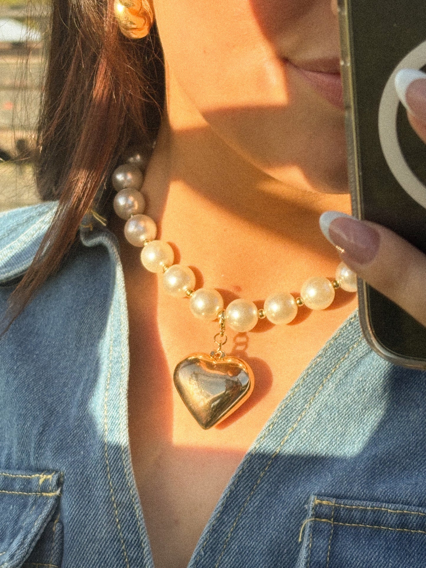 Double layered pearl statement necklace + heart pendant