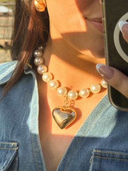 Double layered pearl statement necklace + heart pendant