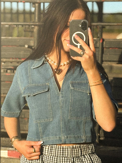 Denim V-Neck Cropped Top